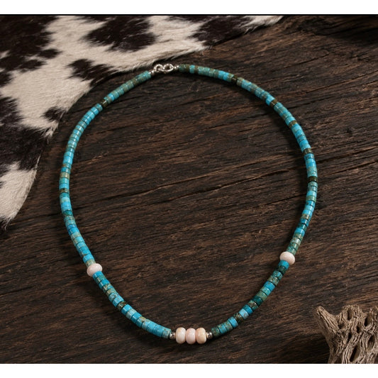 16" Turquoise & Pink Conch 5mm Turquoise Heishi Necklace