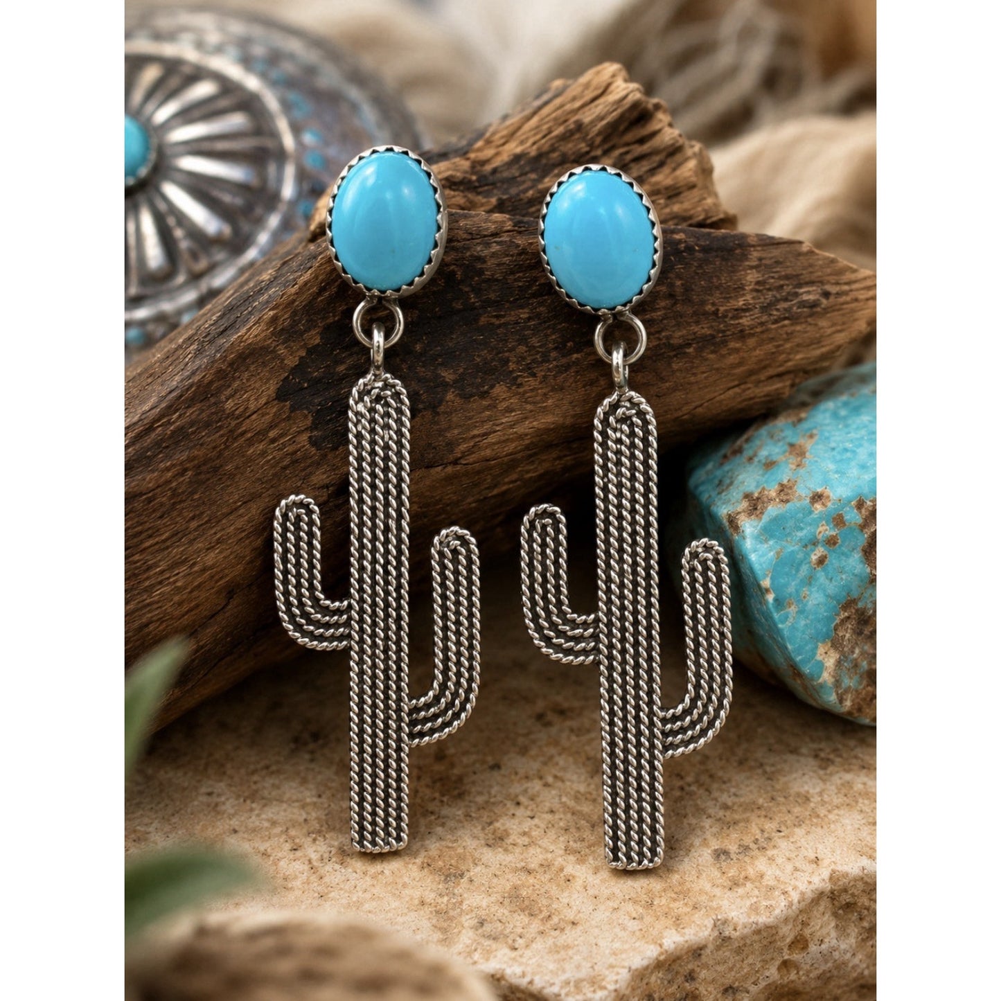 Kingman Turquoise Sterling Silver Dangle post Earrings Navajo Style Drop 925