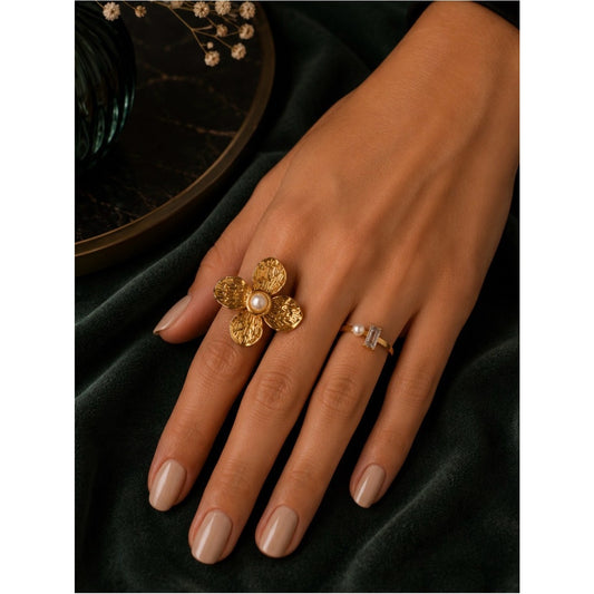 18k Gold Plater Water Resistant Flower Pearl Statement Ring - Elegant