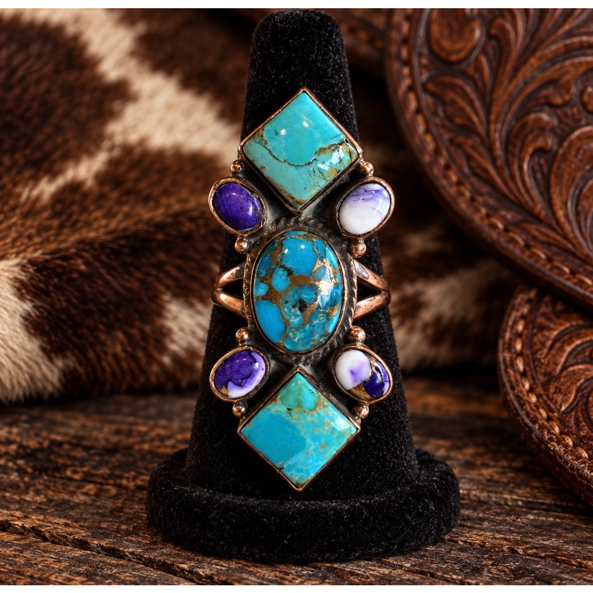 Kingman Turquoise & Purple Spiny Oyster Crawler Ring | Adjustable Copper Setting 7–10
