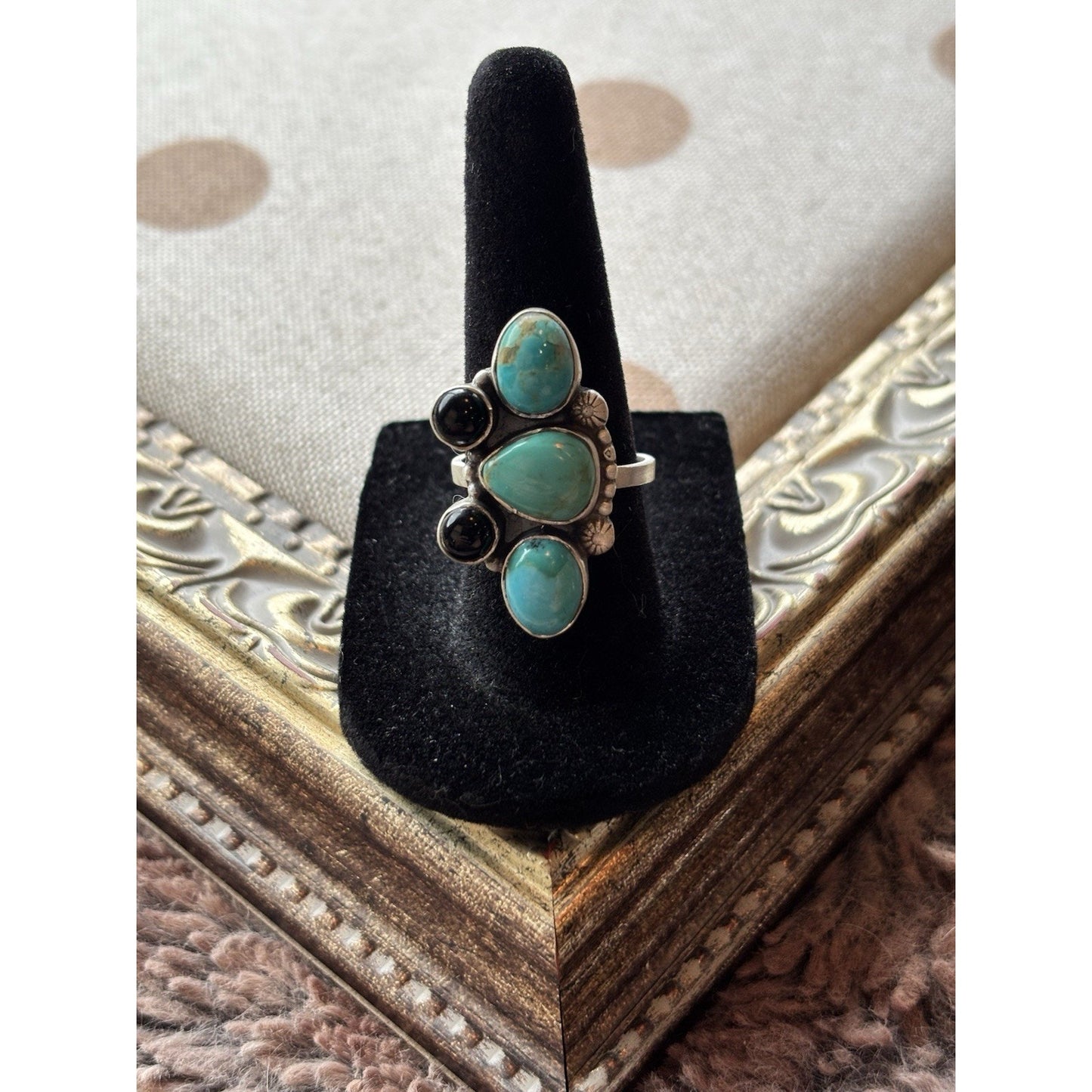 Heavy Sterling Silver Turquoise & Black Onyx Statement Ring Adjustable Size 7-9