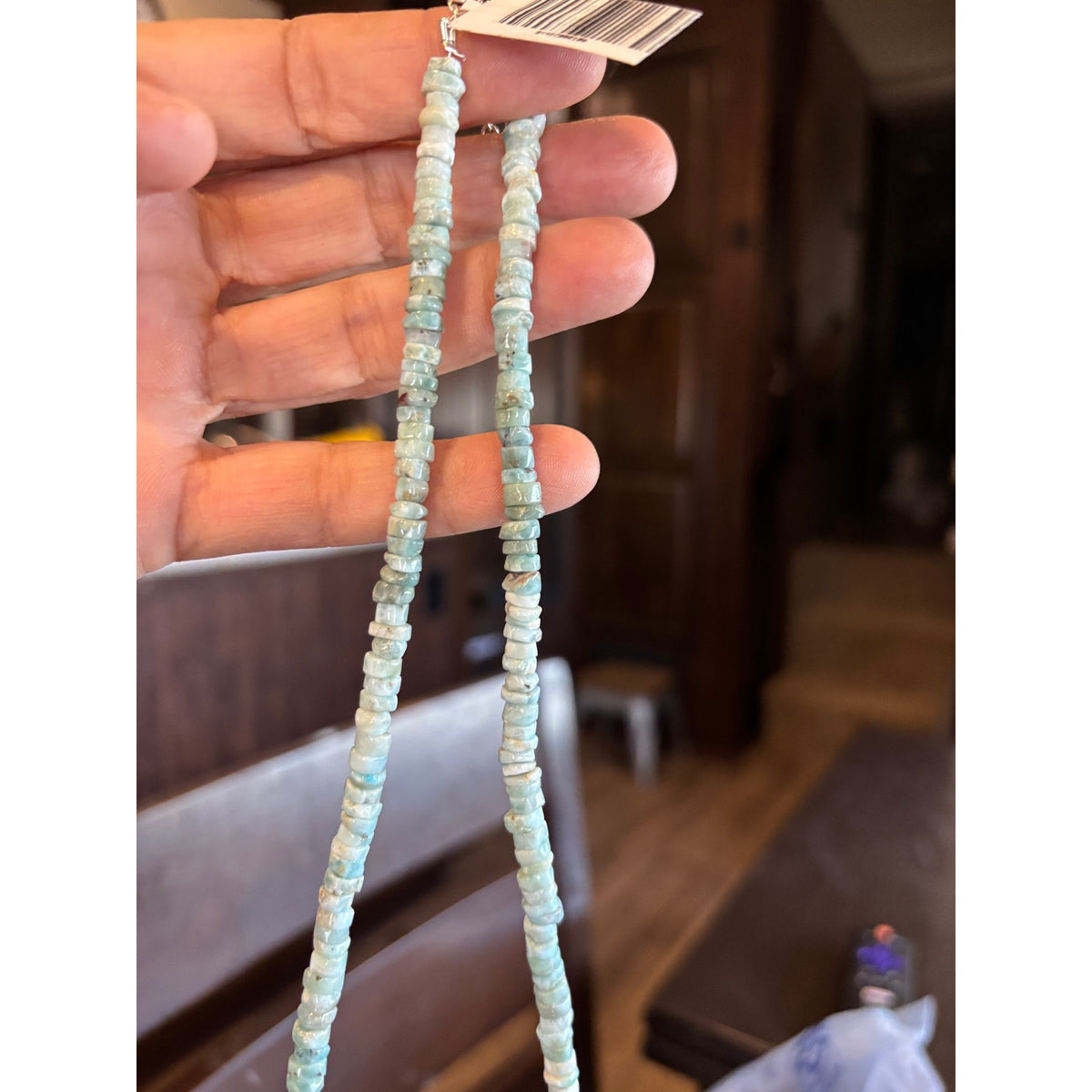 16" Larimar Heishi Necklace with Orange Spiny CZ SS Pendant