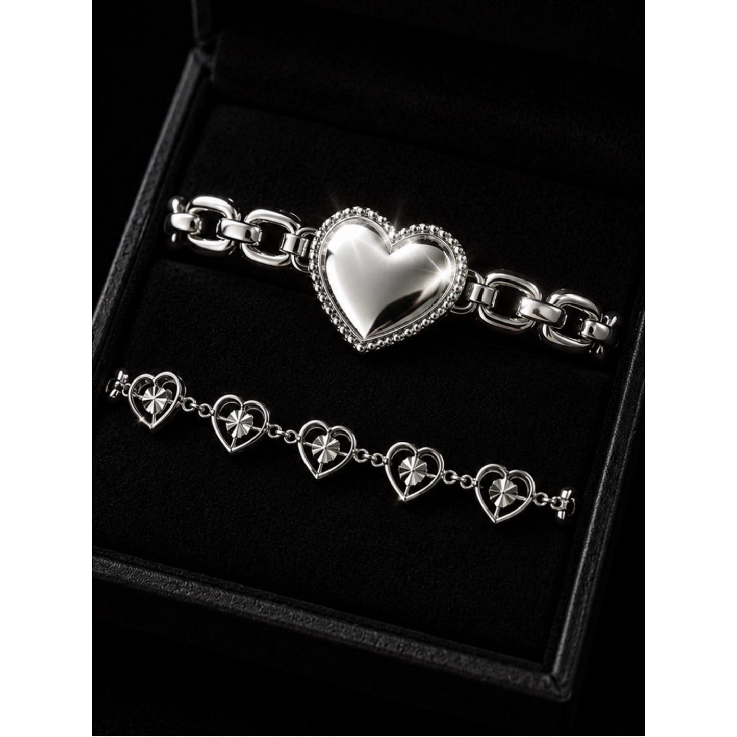 Heart Link Silver Bracelet Set - Women's Jewelry