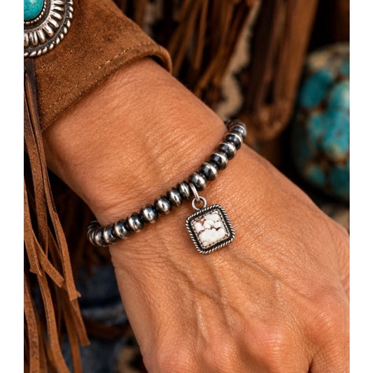 5mm Sterling Silver Pearl Bead Bracelet with White Horse Turquoise Charm – Adjustable 7–8"