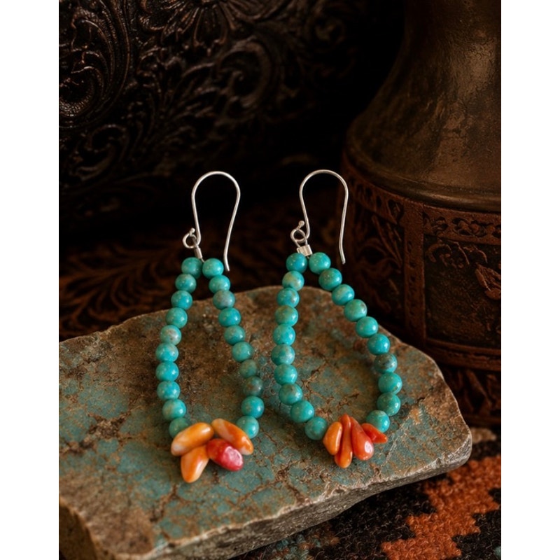 Turquoise & Red Spiny Oyster Bead Dangle Earrings | Sterling Silver Hooks