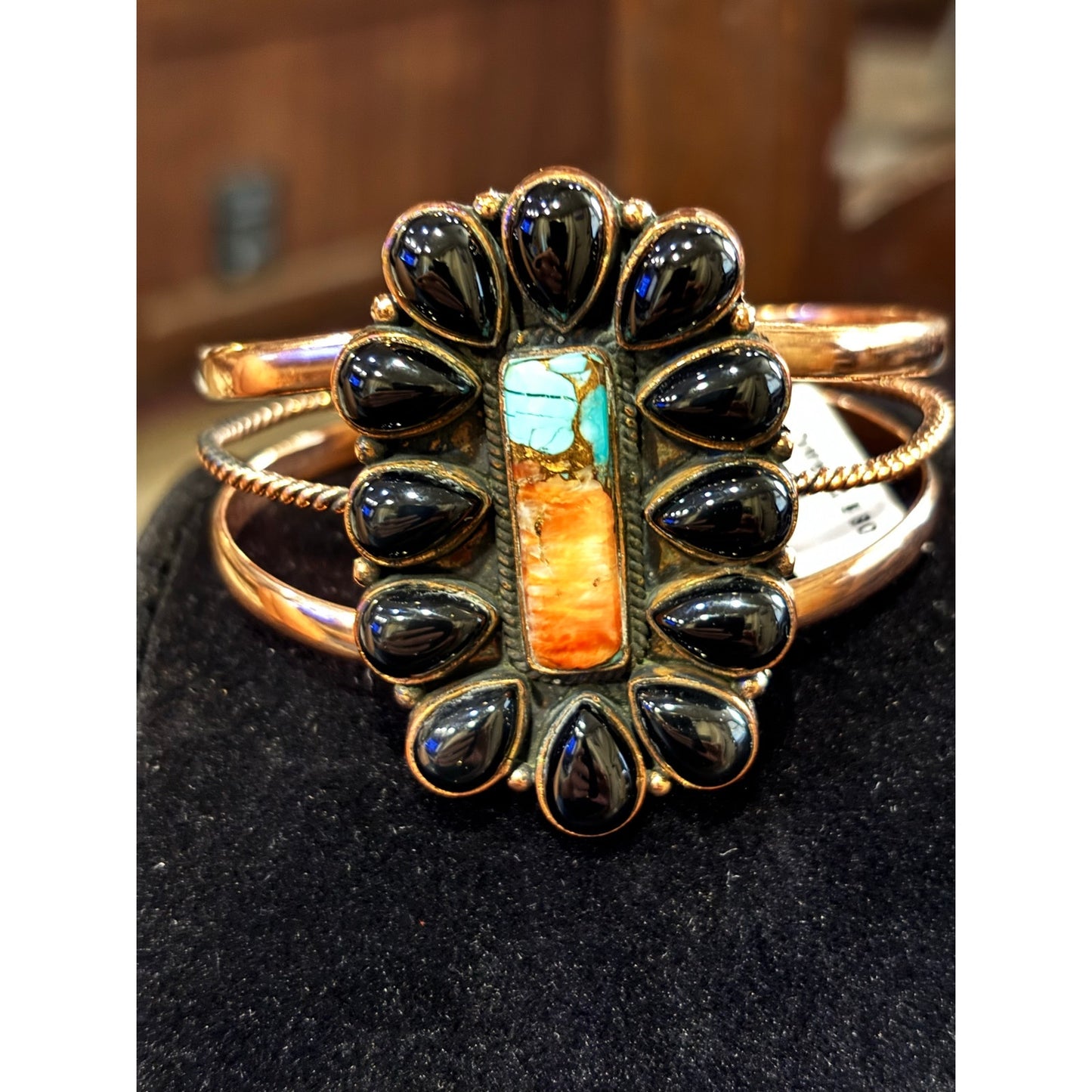 Copper Cuff w Turquoise Orange Spiny & Black Onyx Adjustable