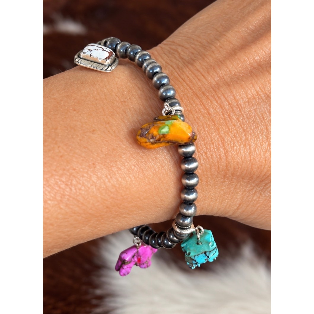 Sterling Silver Pearl Bead Bracelet with Hand-Carved Turquoise Charms – 5mm, 7 Inch