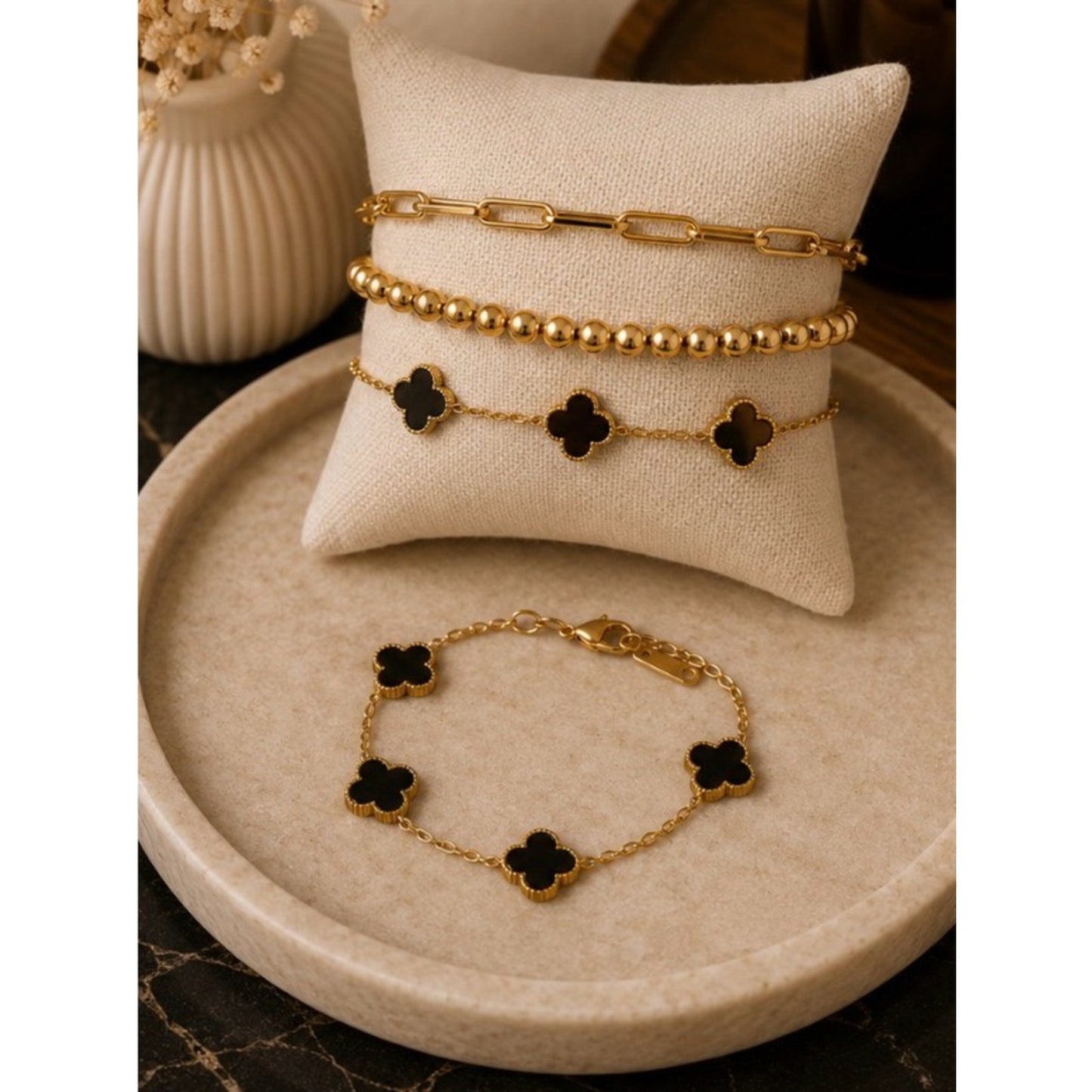 18k Gold Plated Bracelet Stack with Black Clover Charms