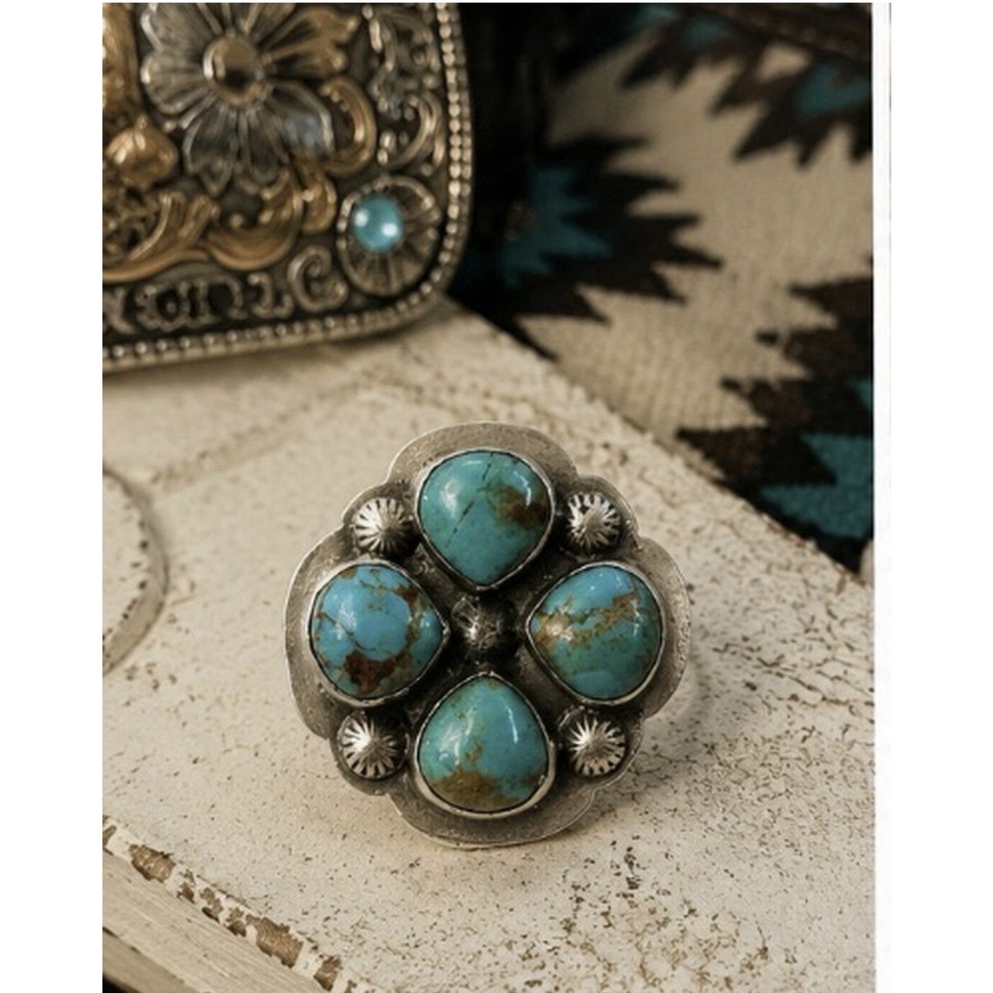 Stunning Kingman Turquoise Cluster Ring In Sterling Silver Ring w Accent Beads