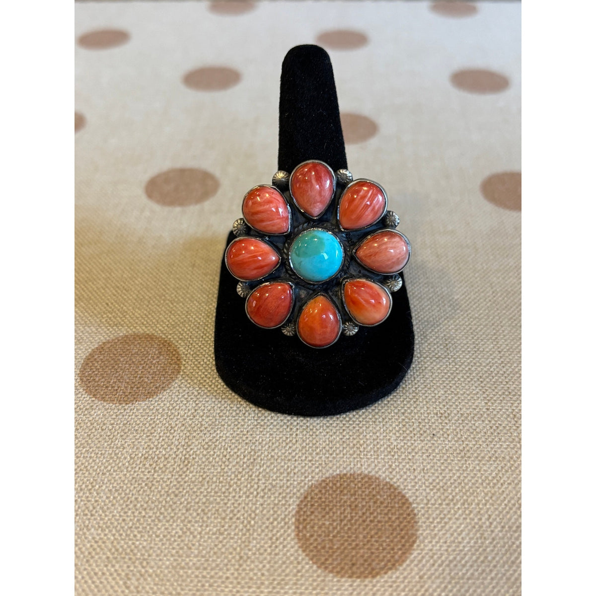 Turquoise & Red Coral Cluster Flower Ring Sterling Silver