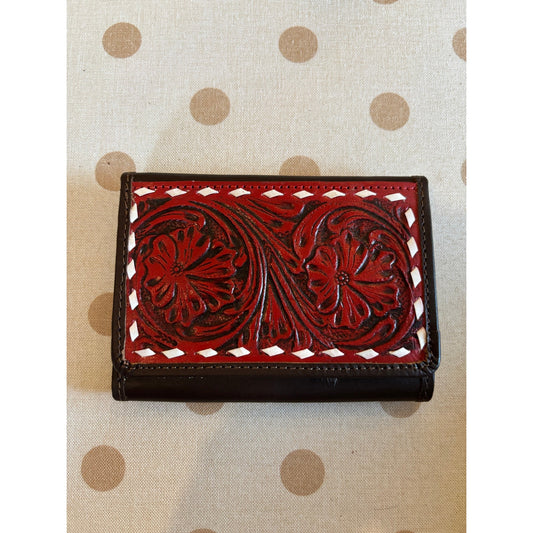 Leather Tooled Red Cowhide Three Fold Wallet
