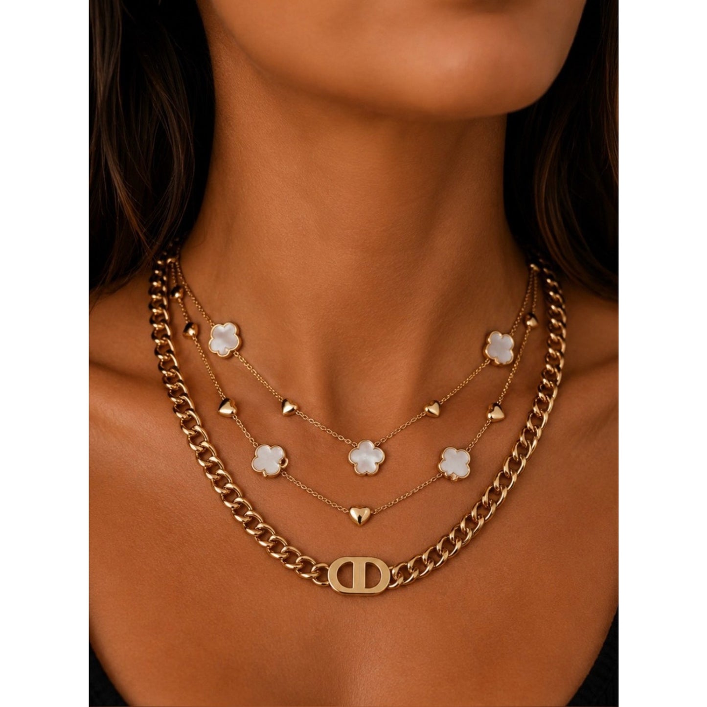 18k Gold Plated Water Proof, Tarnish Free Clover & Heart Necklace, Heart Accents