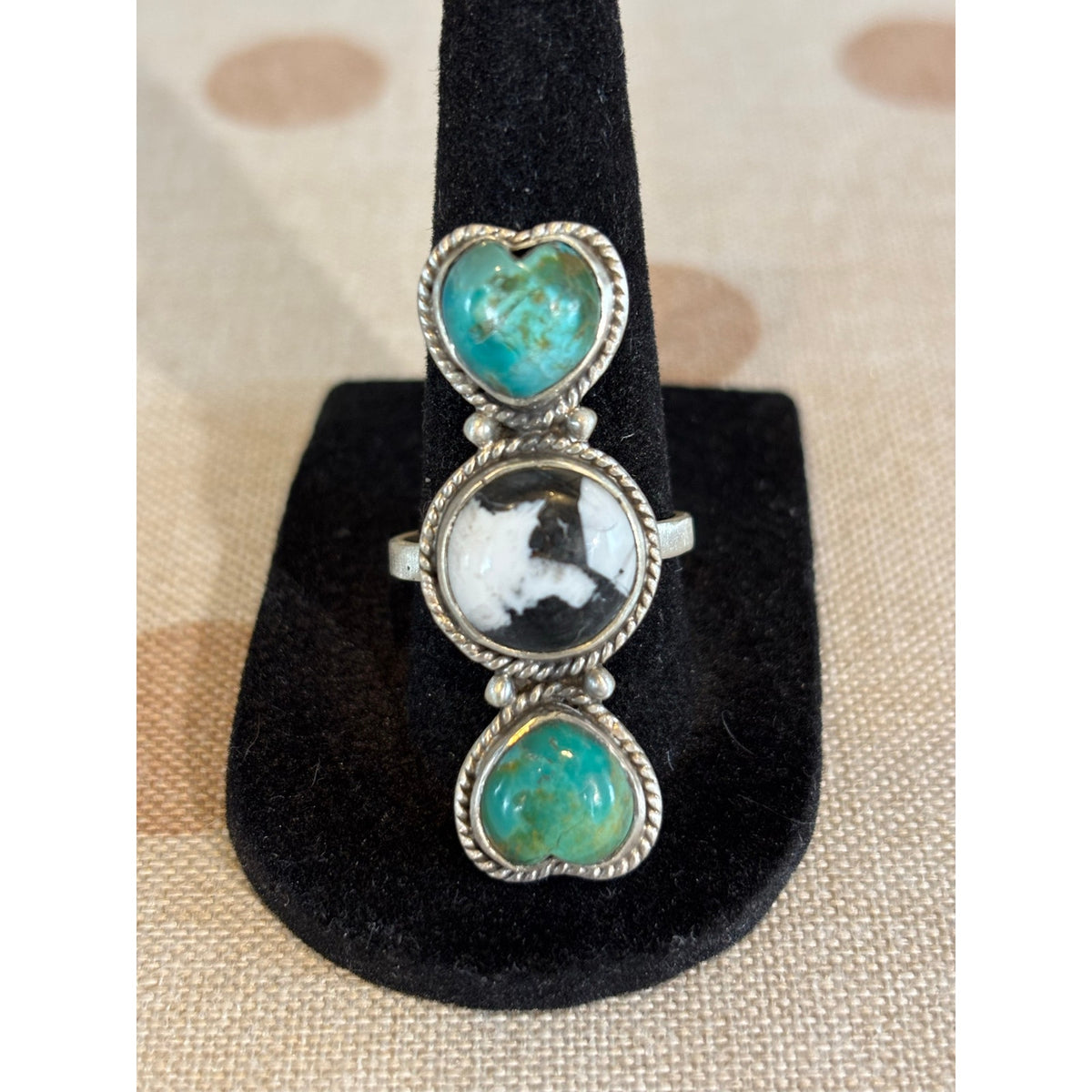 Southwestern Kingman Turquoise & White Buffalo Three-Stone Crawler Ring | 925 SS