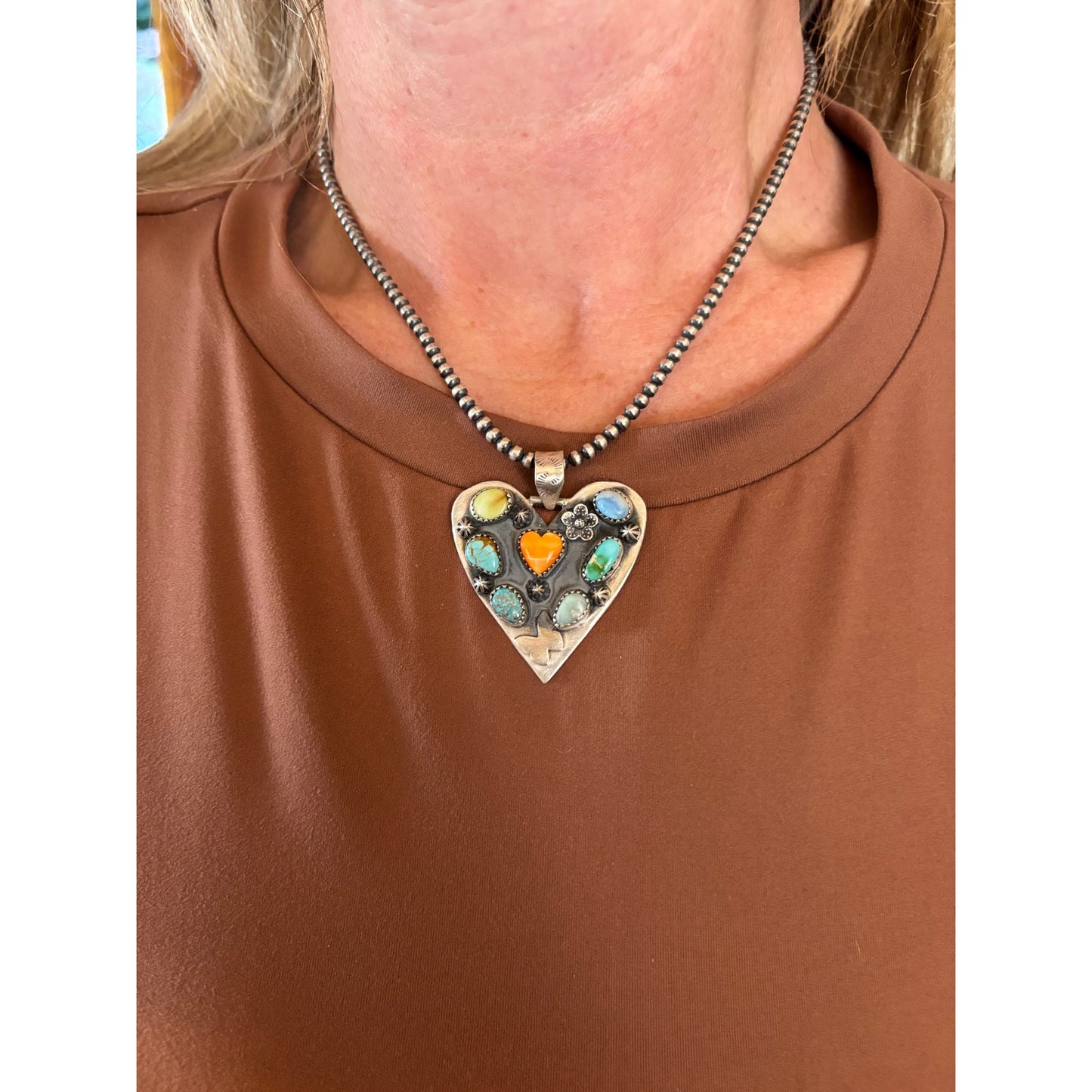 Heart in a Heart Turquoise Necklace 6 stones w Spiny orange