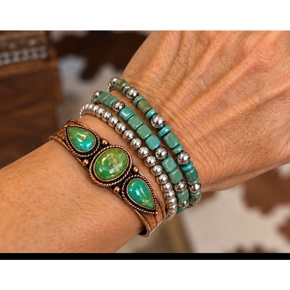 Turquoise Square Bead & Silver Pearl Stretch Bracelet – 6–7"