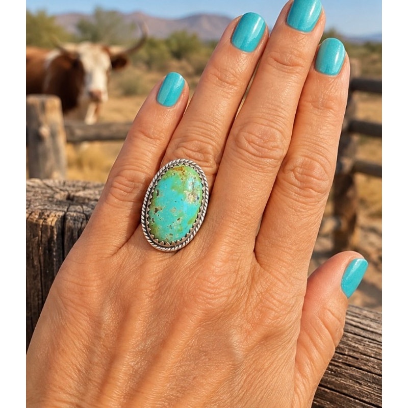 Royston Turquoise Oblong Ring – Adjustable Sterling Silver Southwestern Western Jewelry