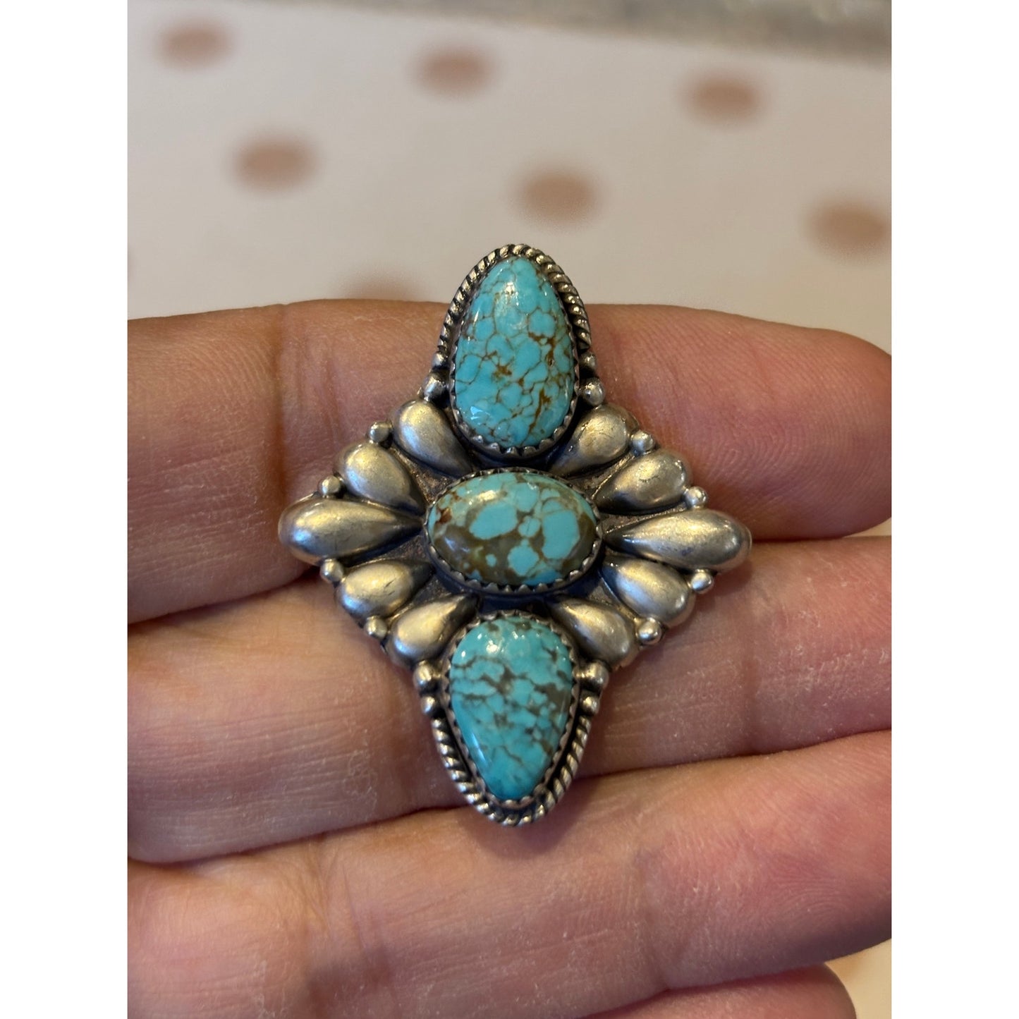 Number 8 Turquoise Three Stone Crawler Ring Sterling Silver