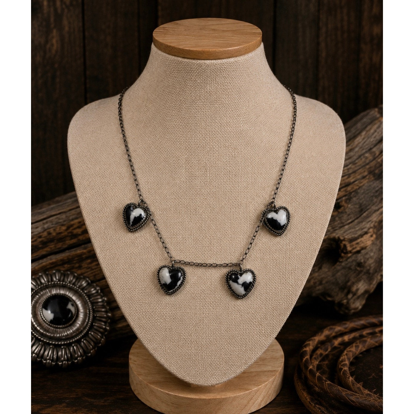 White Buffalo Turquoise Four Heart Necklace Sterling Silver  adjustable 20" Chain