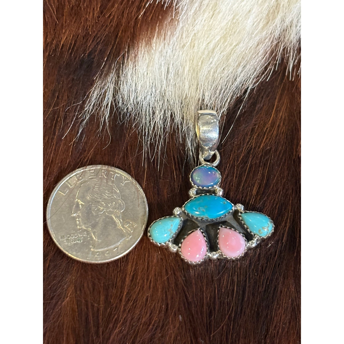 Kingman Turquoise Blue Opal & Pink Conch Pendant 925 Silver