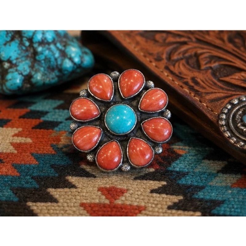 Turquoise & Red Coral Cluster Flower Ring Sterling Silver