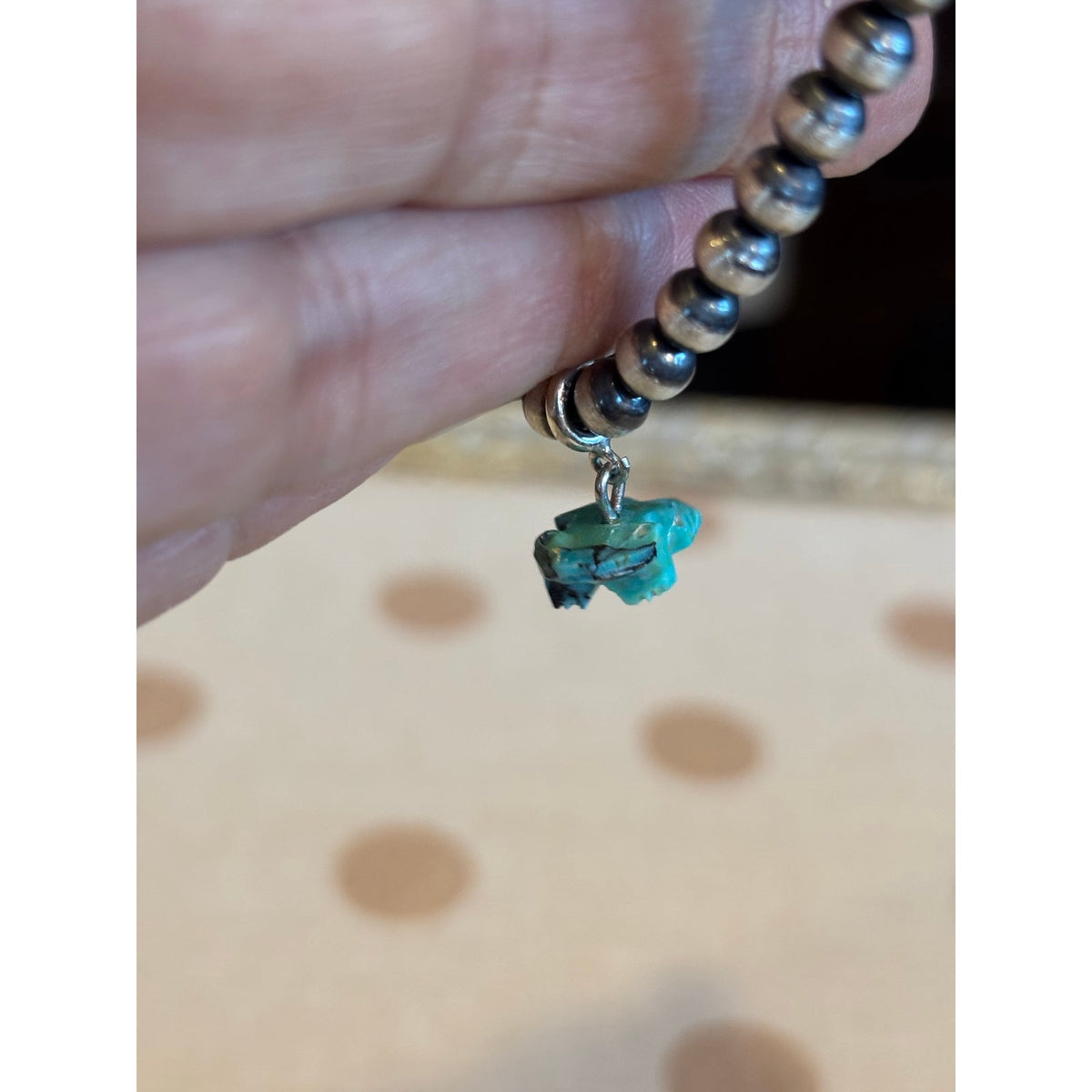 Title: Hand-Carved Kingman Turquoise Frog Charm Sterling Silver 4mm Pearl Bracelet – 5"