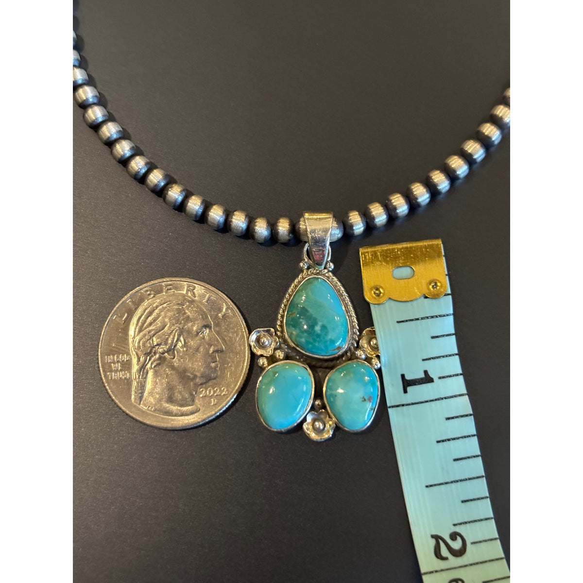 Kingman Turquoise Sterling Silver Pendant with 4mm 16" Desert Pearl Bead Chain Necklace