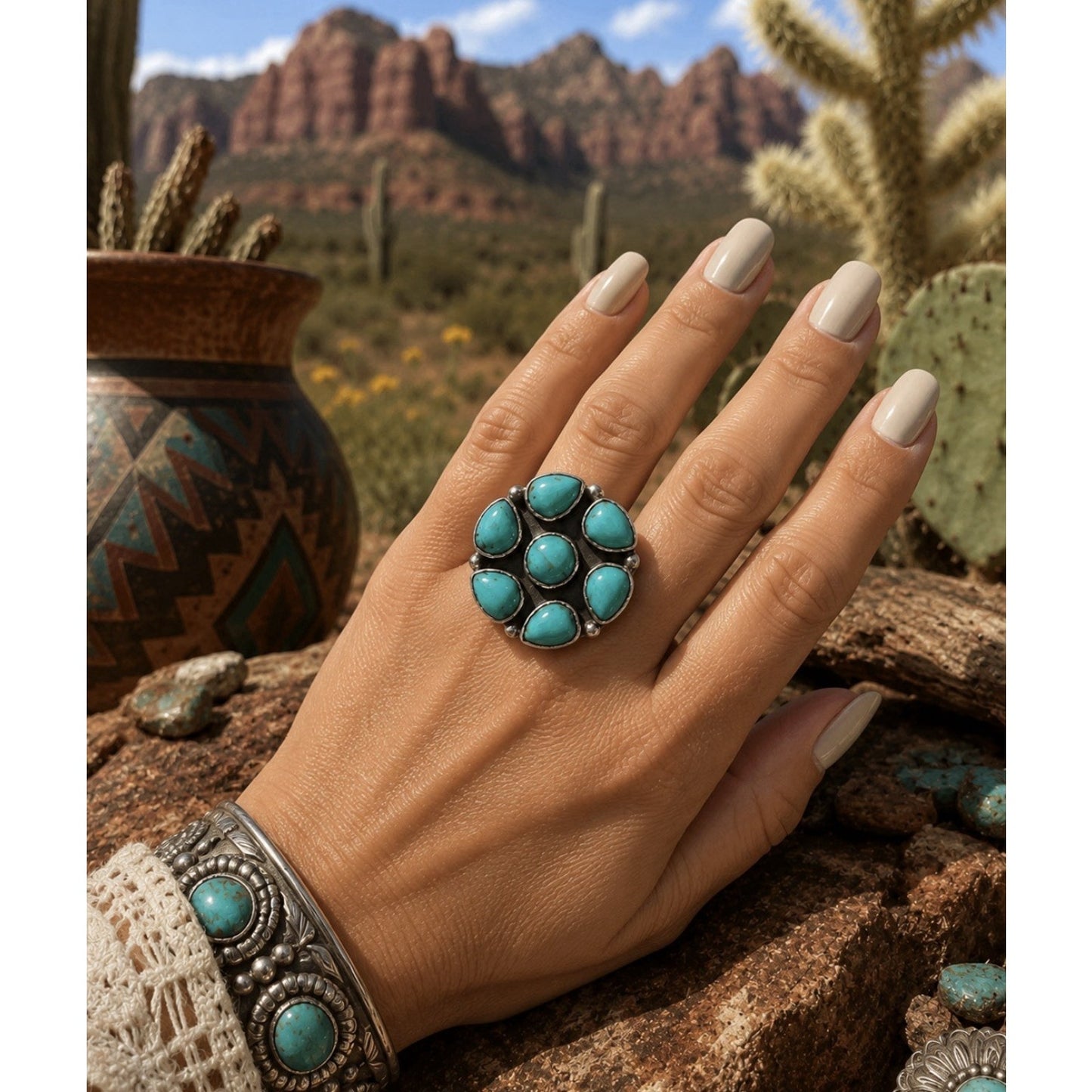 Stunning Kingman Turquoise Cluster Ring In Sterling Silver Ring w Accent Beads