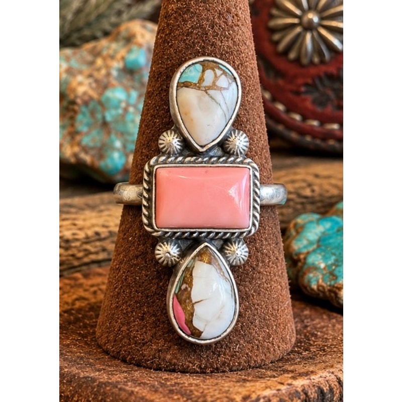 Pink Conch & Cotton Candy Turquoise 3-Stone Crawler Ring – Sterling Silver Adjustable