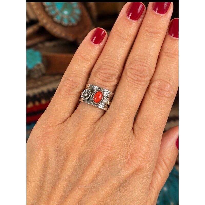 Red Spiny Southwestern Spinner Ring – Sterling Silver Hand-Stamped Floral Design