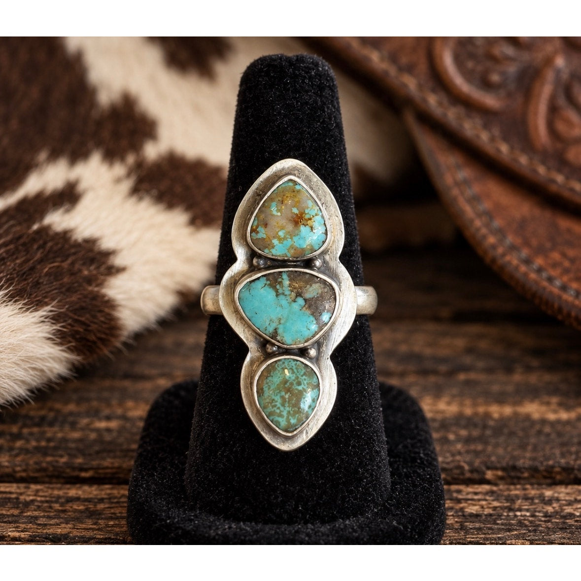 Number 8 Turquoise 3-Stone Crawler Ring | Adjustable Southwestern Sterling Silver