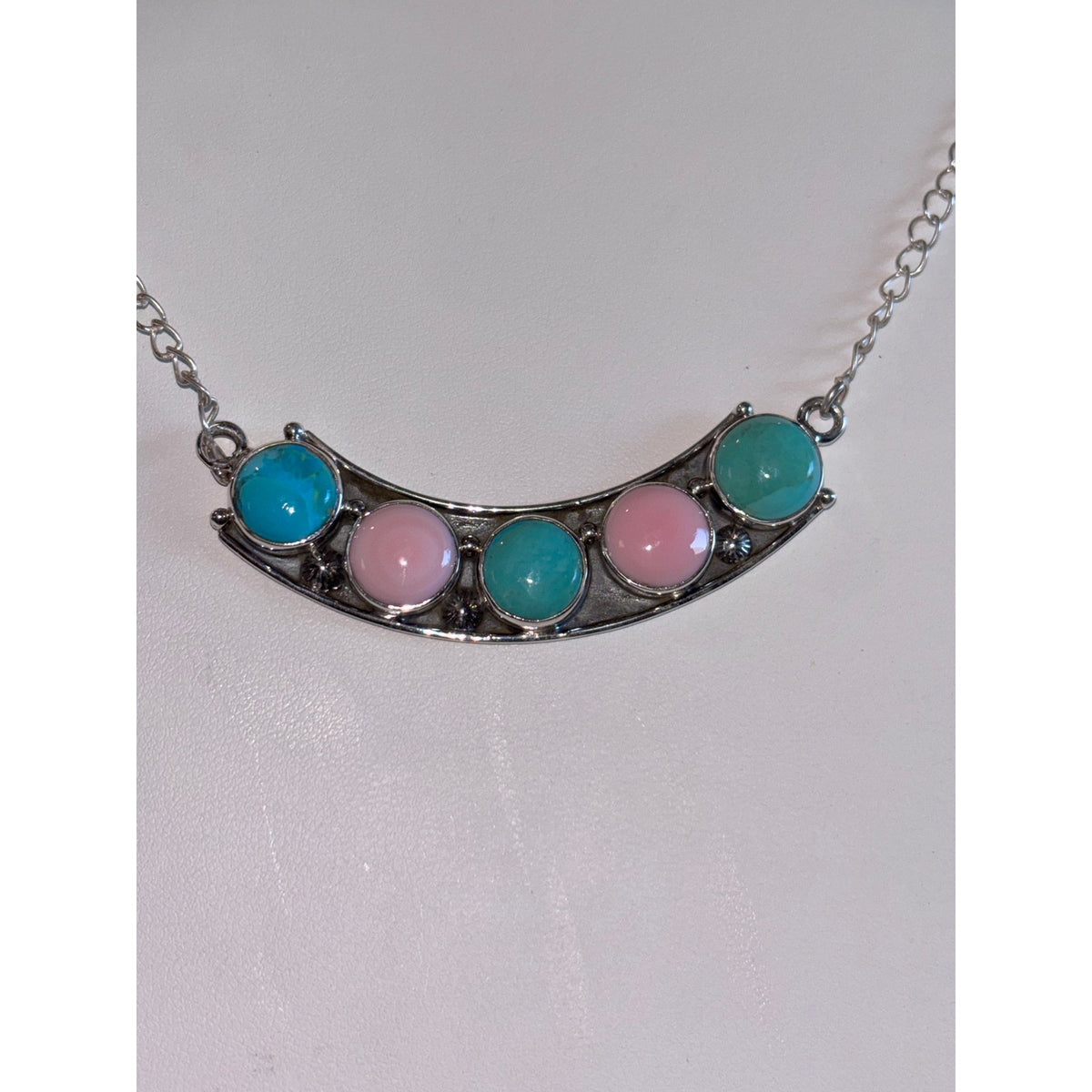 Pink Conch/ Turquoise Multi Stone Necklace set in Sterling Silver 20"