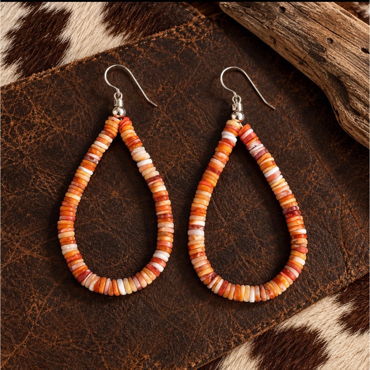 Orange Spiny Oyster Heishi Teardrop Dangle Earrings | Southwestern Sterling Silver