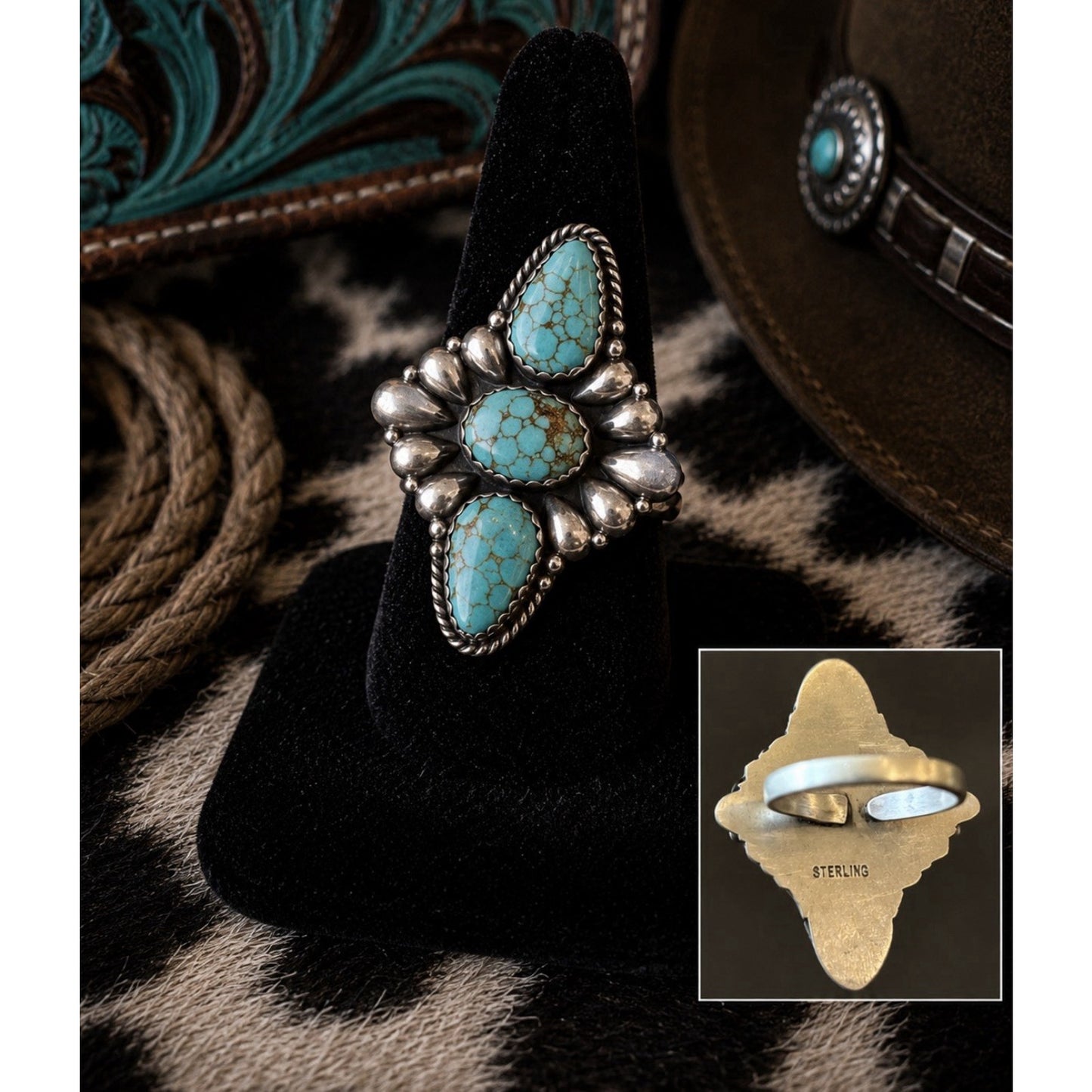 Sterling Silver Kingman Turquoise Ring size 7 Boho 3 Stone Southwestern Style