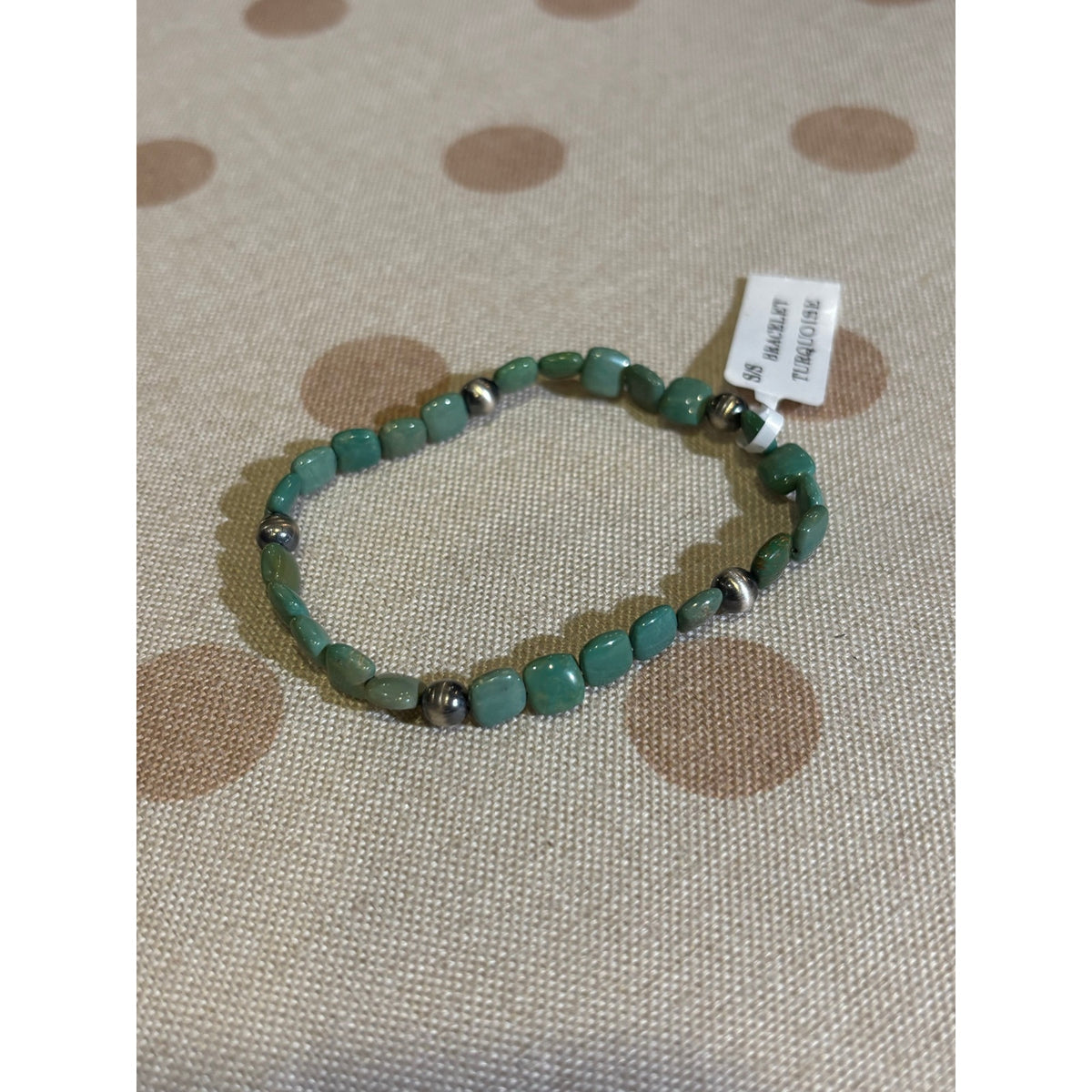 Turquoise Square Bead & Silver Pearl Stretch Bracelet – 6–7"
