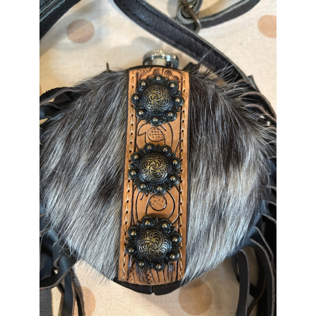 Handmade Long-Hair Cowhide Western 2 Shot Canteen Crossbody with Fringe – 4 Inch