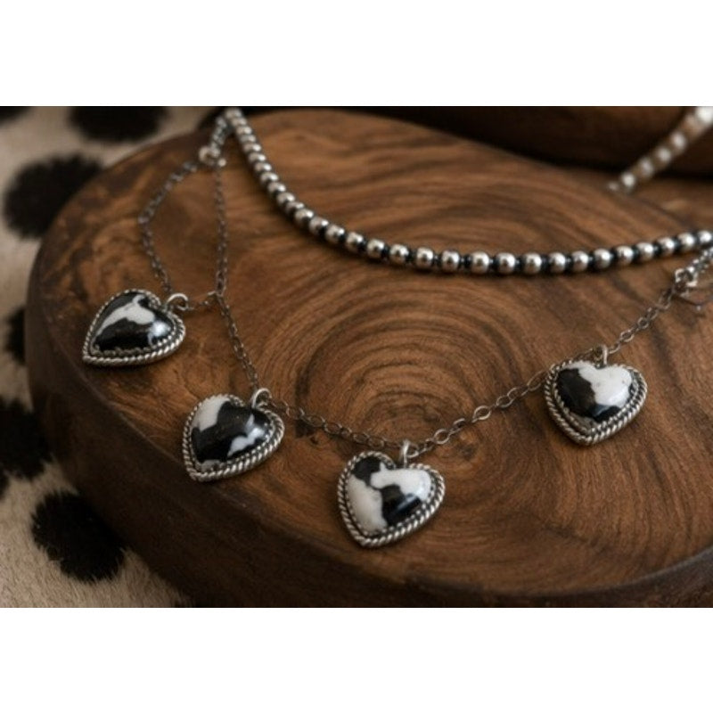 White Buffalo Turquoise Four Heart Necklace Sterling Silver  adjustable 20" Chain