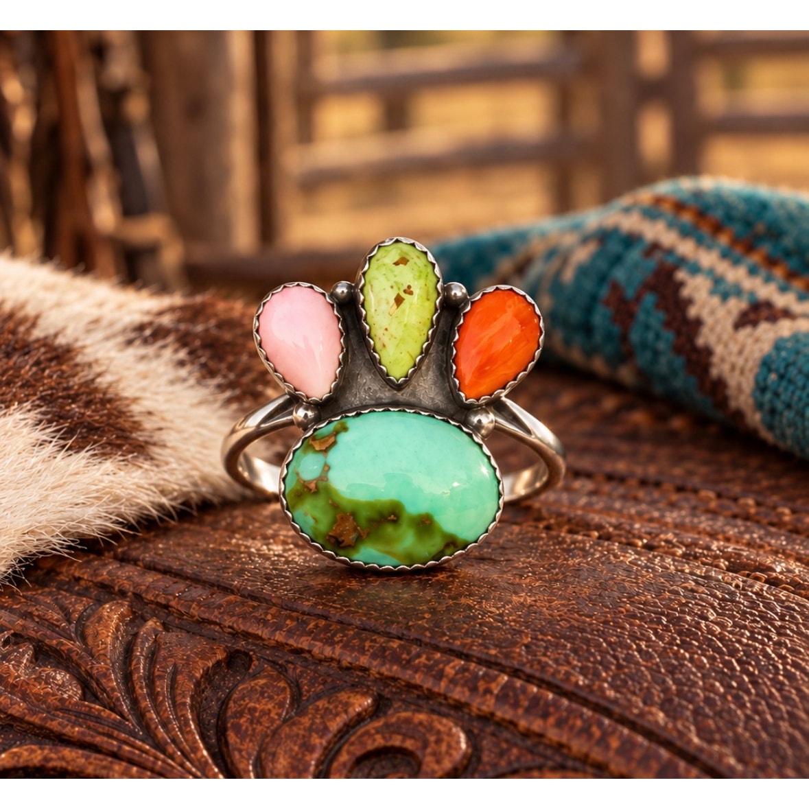 Sonoran Mountain & Paloma Turquoise Ring with Pink conch and Orange Spiny