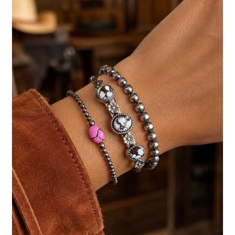 Cotton Candy Turquoise & Silver Beaded Bracelet 6.5" | Southwestern Jewelry