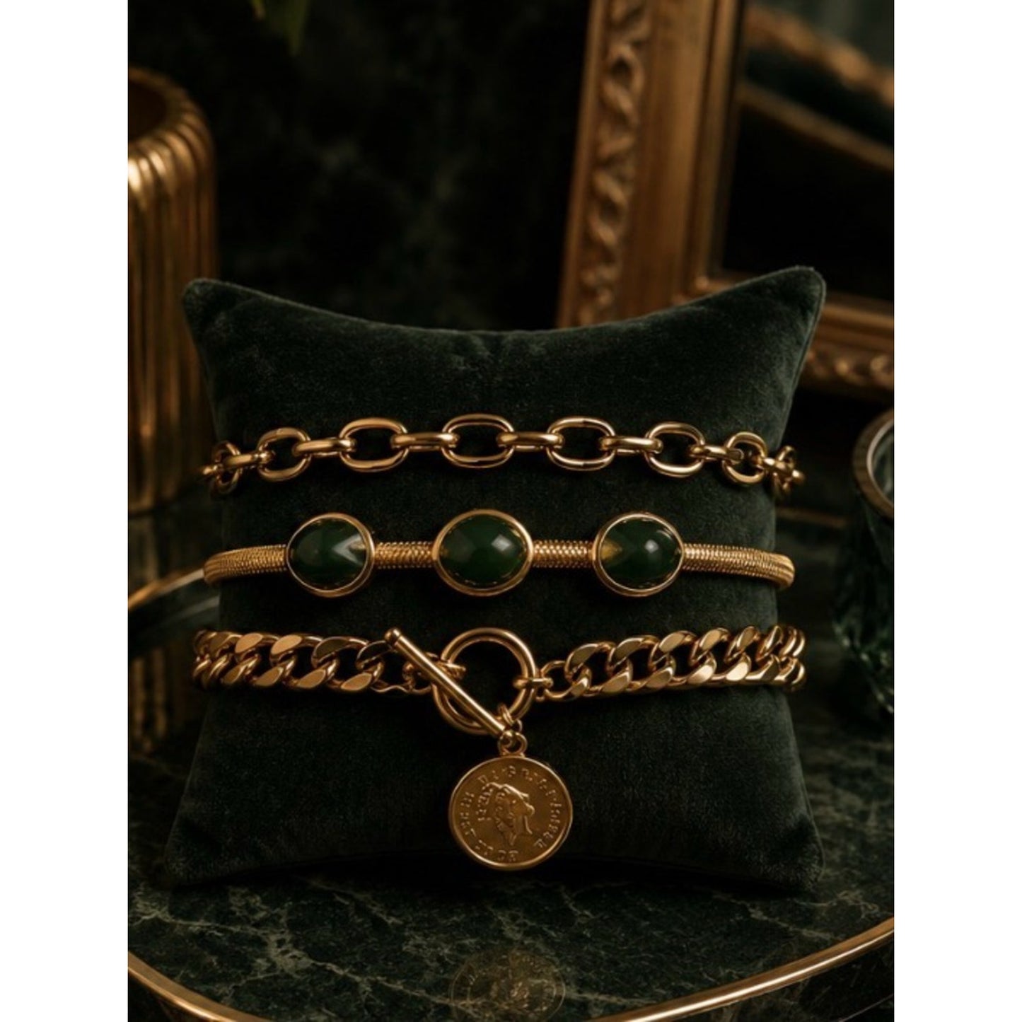 18k Gold Plated Water Resistant Tarnish Free Chain Bracelet Set w Green Stones