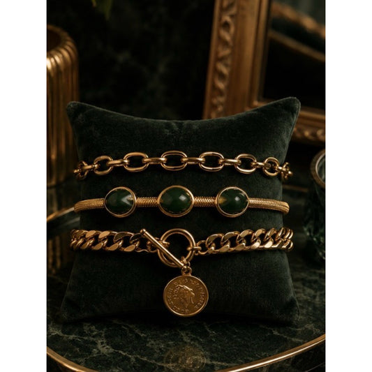 18k Gold Plated Water Resistant Tarnish Free Chain Bracelet Set w Green Stones