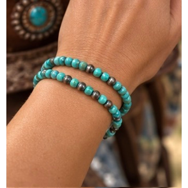 Kingman Turquoise Beaded Bracelets & Sterling Silver Pearl Beads.