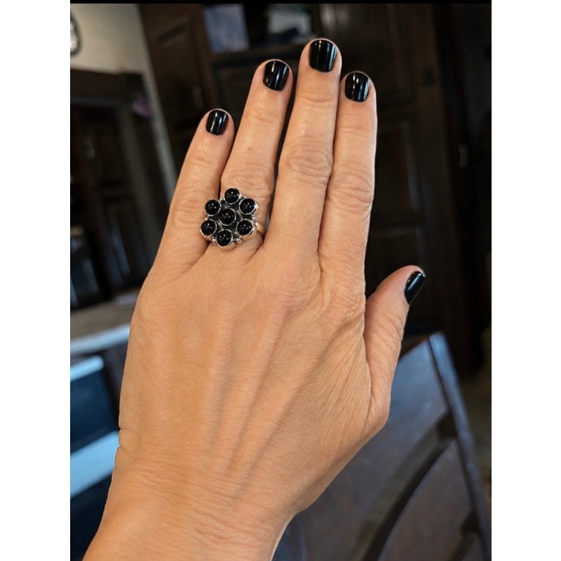 Black Onyx Small Cluster Ring Sterling Silver  Size 6–9