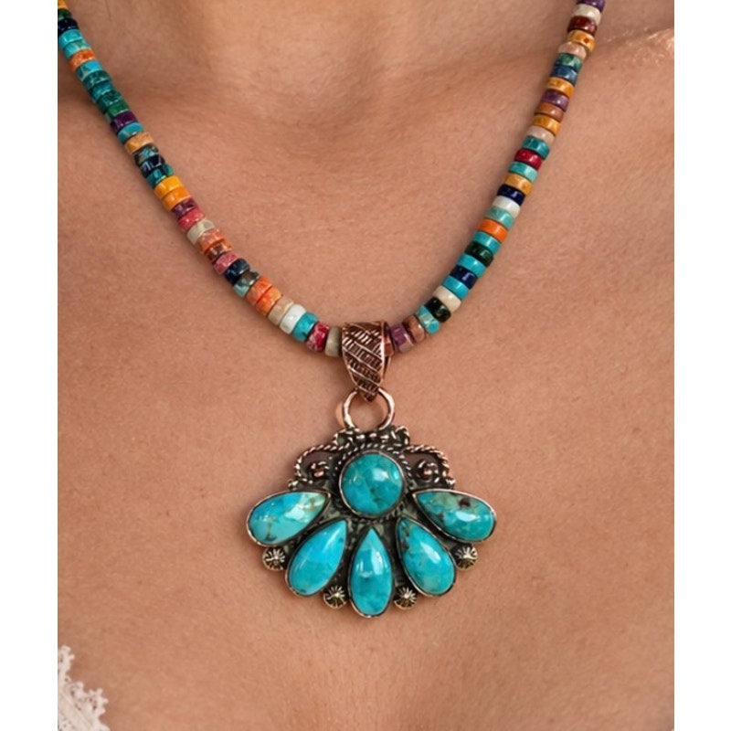 Mojave Turquoise Copper Fan Pendant Heishi Necklace – 18"