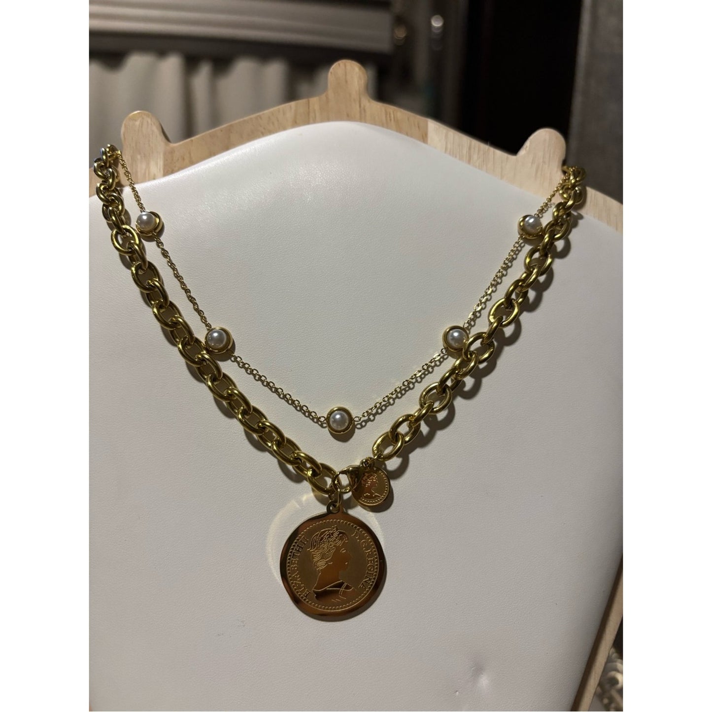 Gold-Tone Layered Chain Necklace with Pearl Accents
