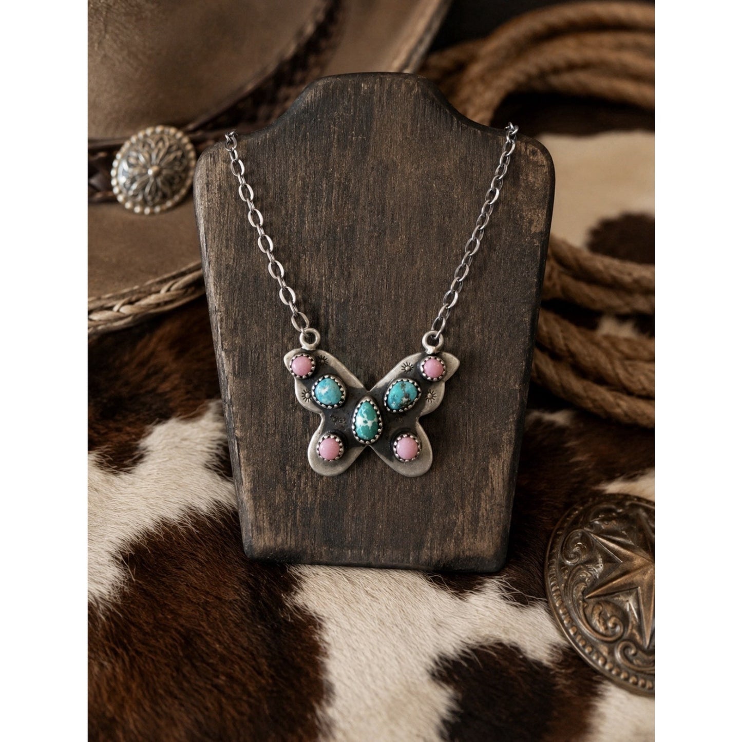 Butterfly Pink Conch Turquoise Sterling Silver Necklace