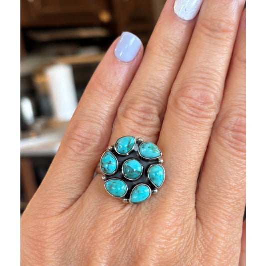 Stunning Kingman Turquoise Cluster In Sterling Silver Ring