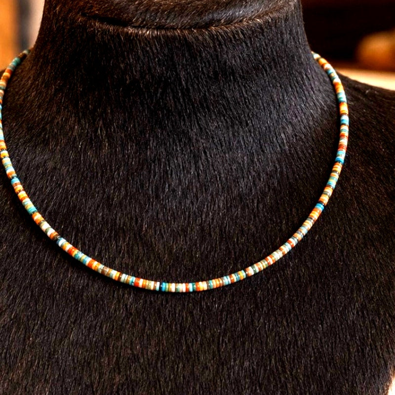 Spiny Orange and Turquoise Heishi Necklace 16”/ 3.3 mm Beads