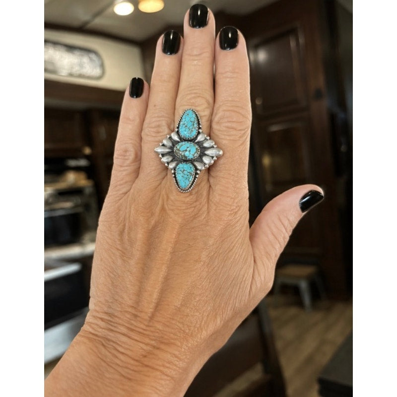 Number 8 Turquoise Three Stone Crawler Ring Sterling Silver