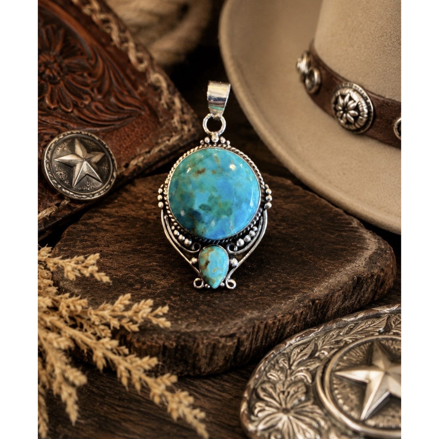 Kingman Turquoise Two Stone Necklace On Sterling Silver Beaded 16” 3mm Chain