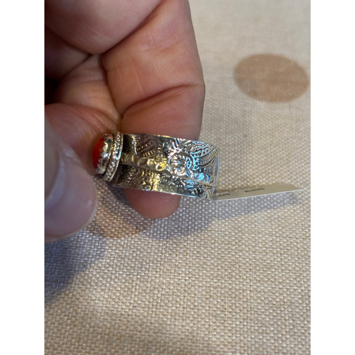 Red Spiny Southwestern Spinner Ring – Sterling Silver Hand-Stamped Floral Design
